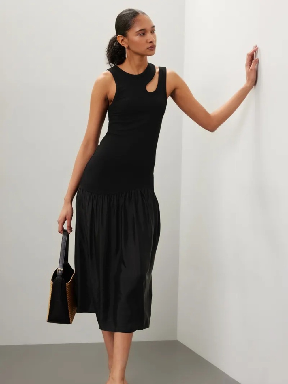 Sandro Ribbed Cotton and Satin Midi Dress with Cutout Detail in Black